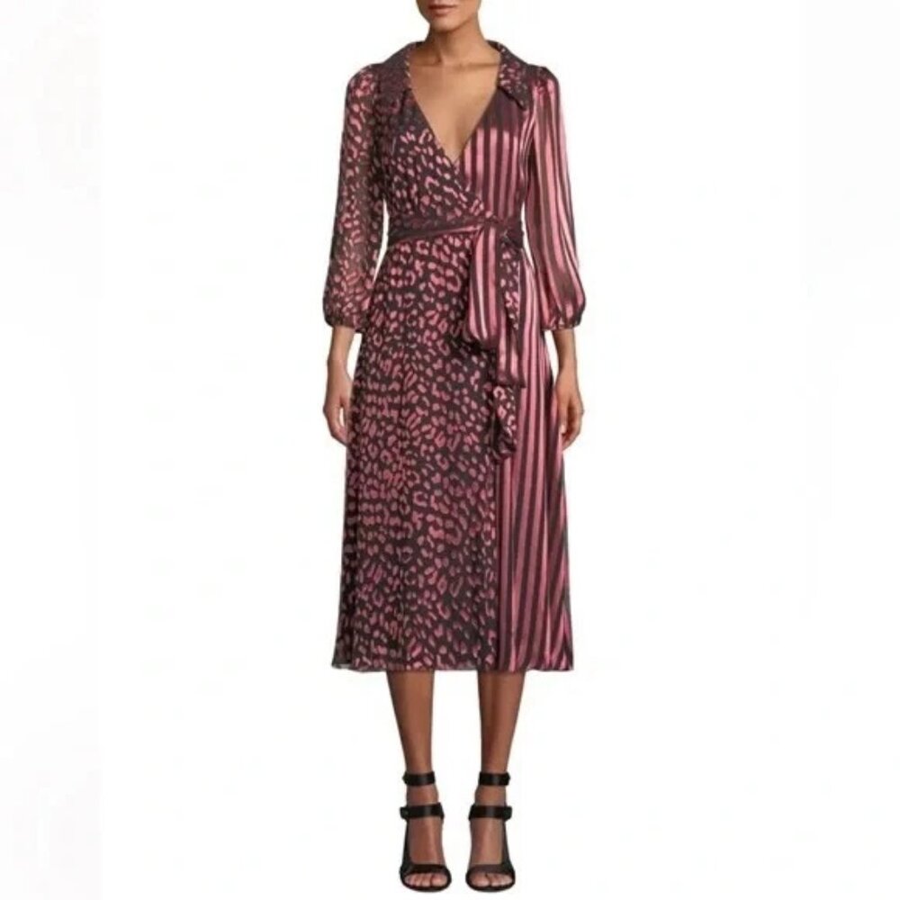 Alice + Olivia Silk Striped Animal Print Wrap Dress 2 Mob Wife Luxury Party